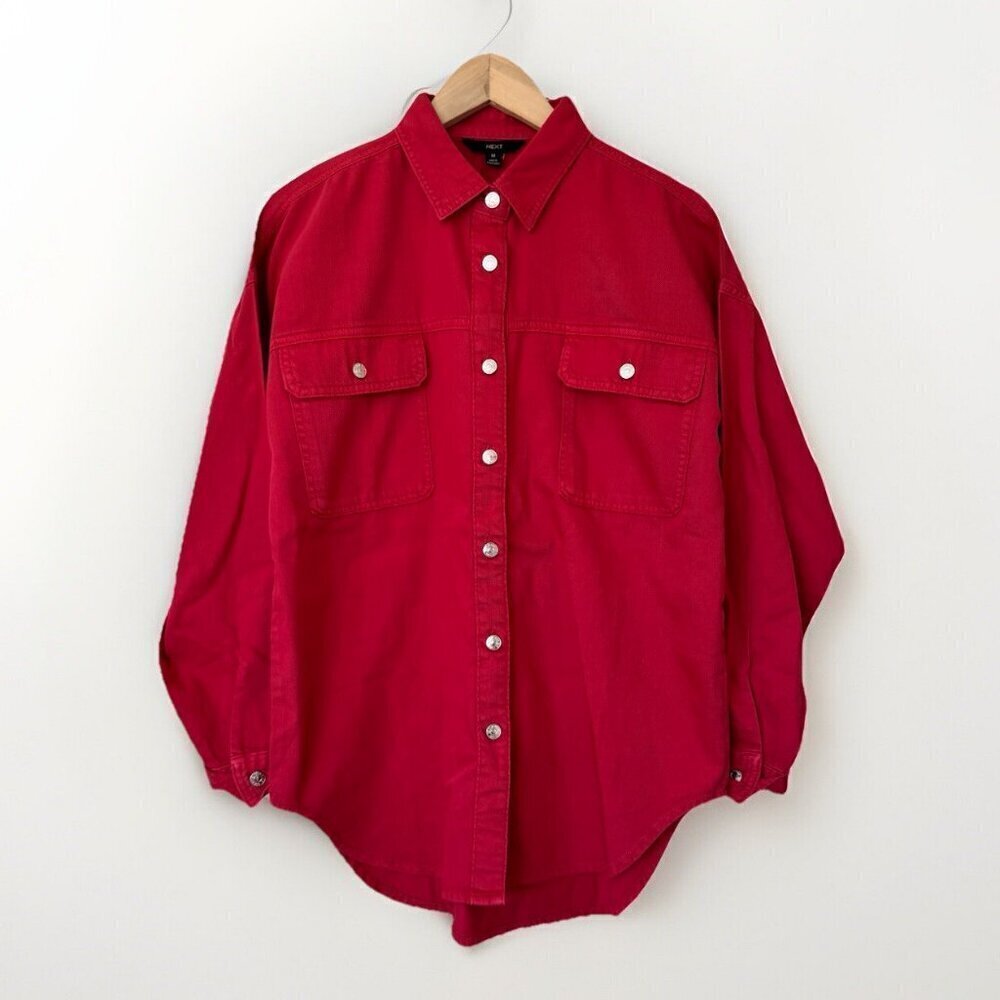 Next Womens Size Medium Oversized Button Front Shirt Front Pockets RedTop